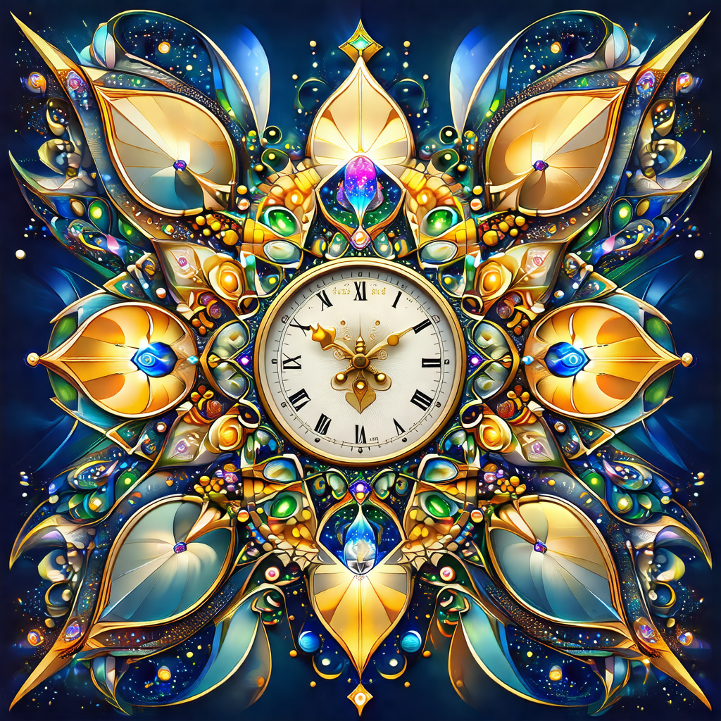 Large, colorful clock with a gold and blue design