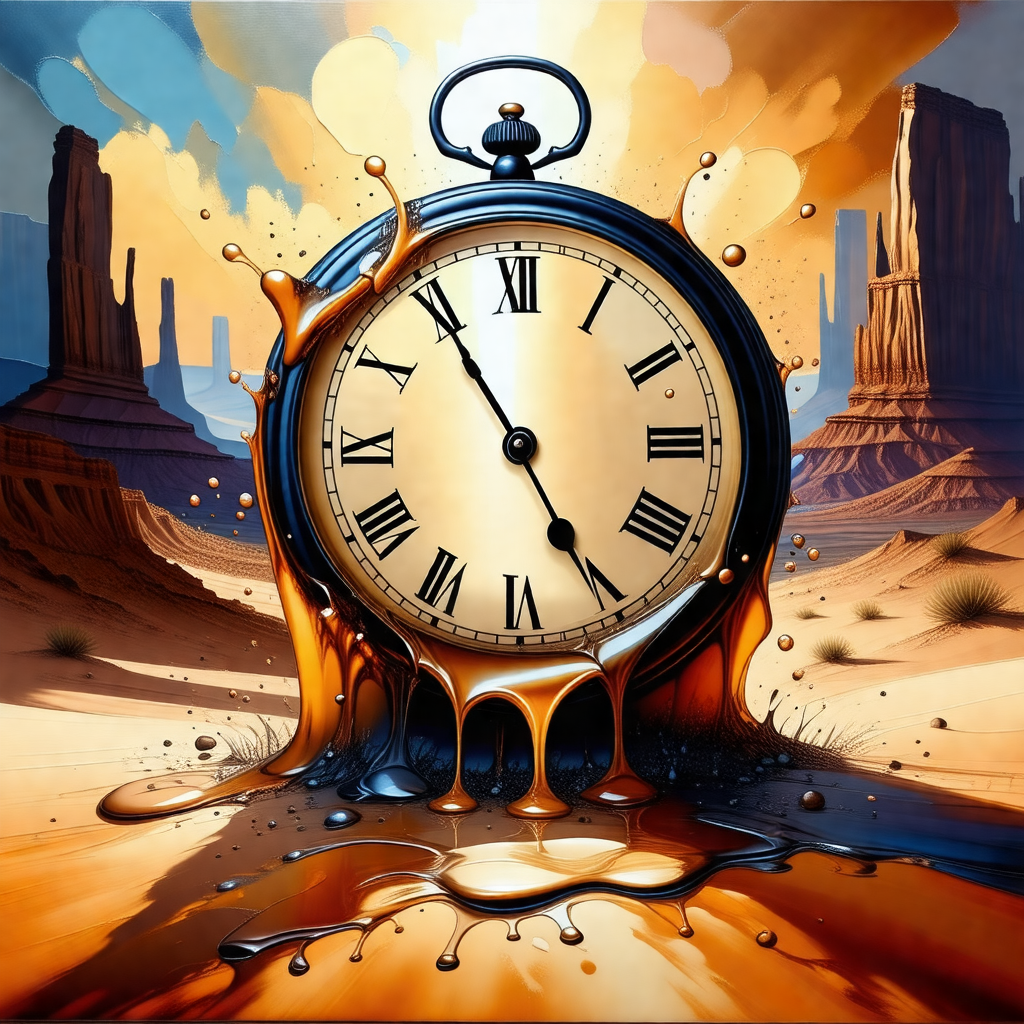 Large clock with roman numerals, placed in a desert-like ...