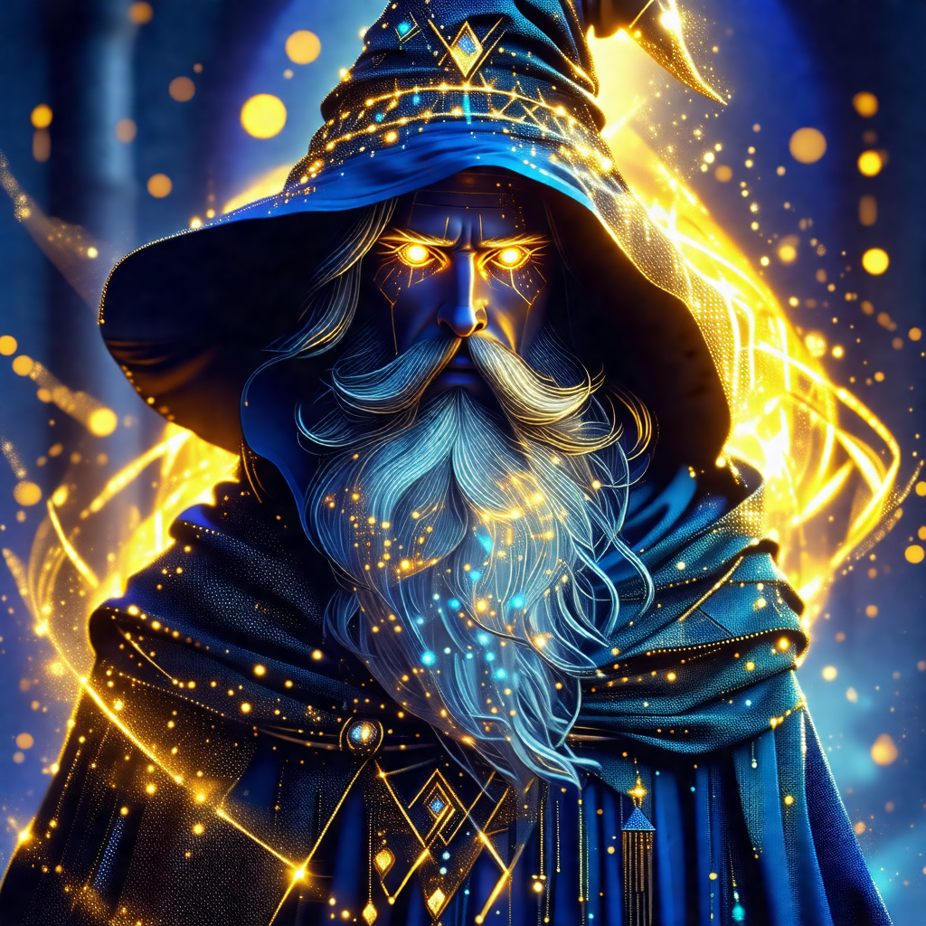 Wizard with a long beard and a blue hat, standing in fron...