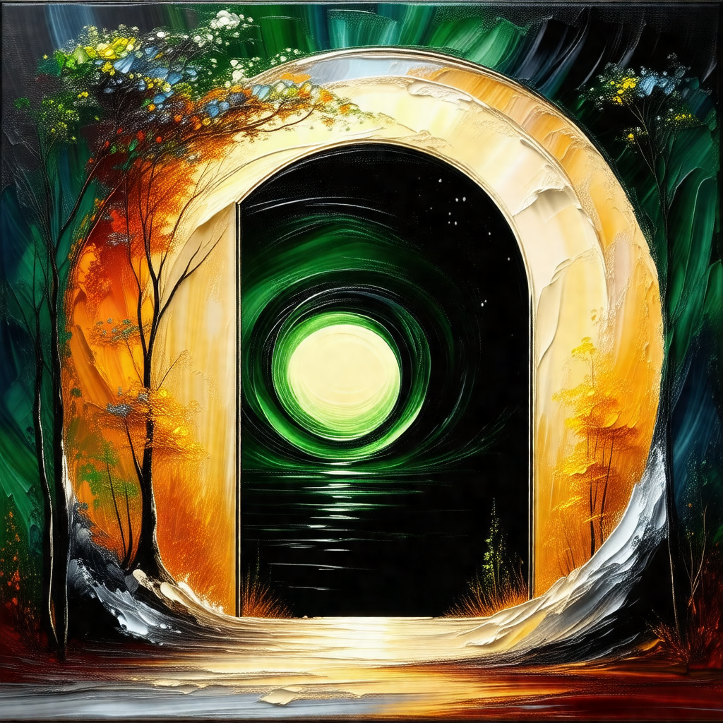 Painting of a green doorway, which appears to be a tunnel...