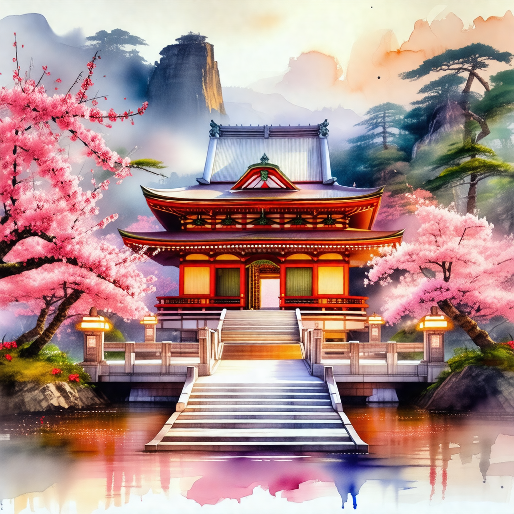Beautiful asian-style building with a red roof, surrounde...