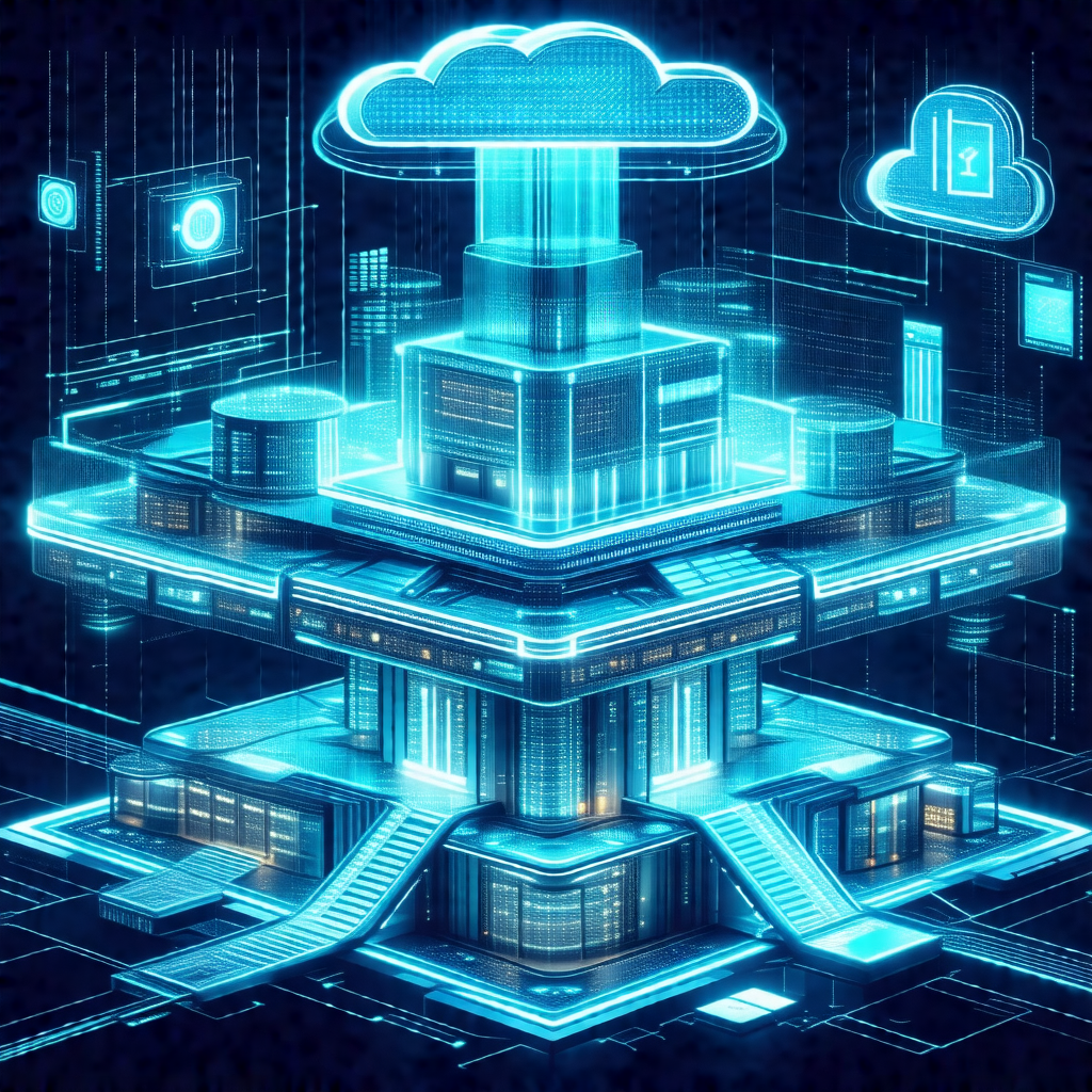 Futuristic, blue-toned illustration of a large building w...