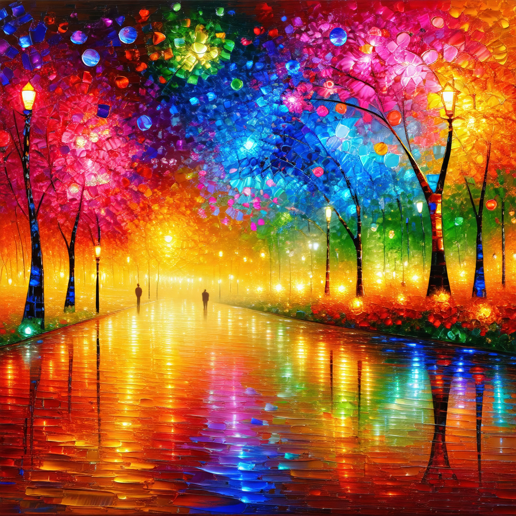Man walking down a rainbow-colored path in a park