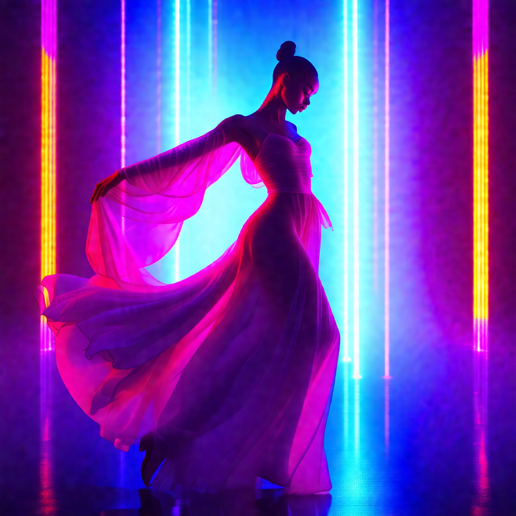 Woman wearing a pink dress, standing in a room with a pur...