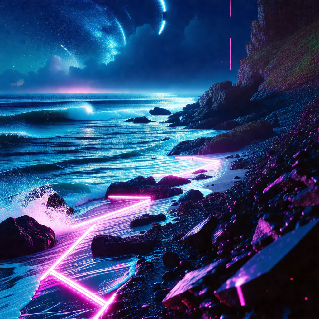 Painting of a beach at night, with a beautiful view of th...