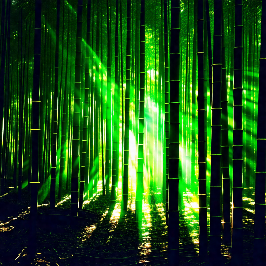 Lush green forest with a bright green glow, likely due to...