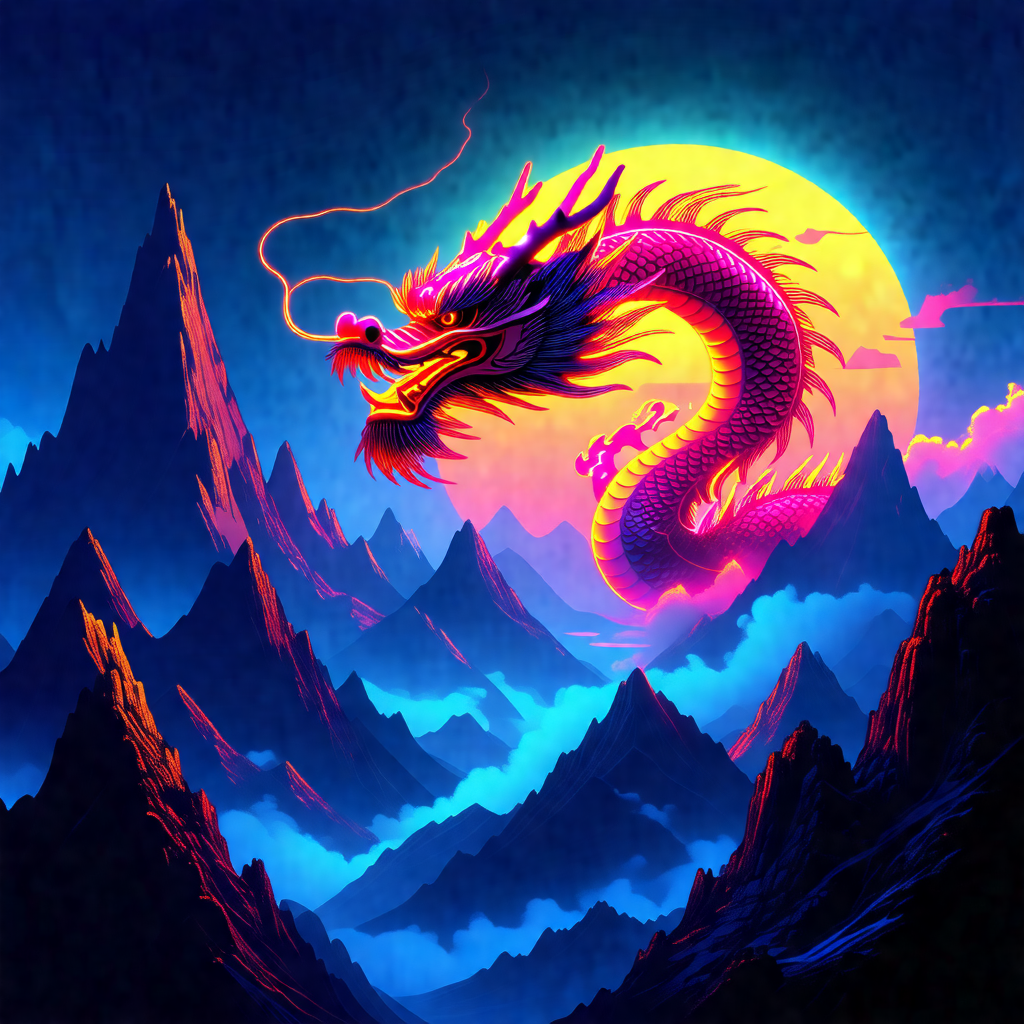 Large, colorful dragon flying through the sky