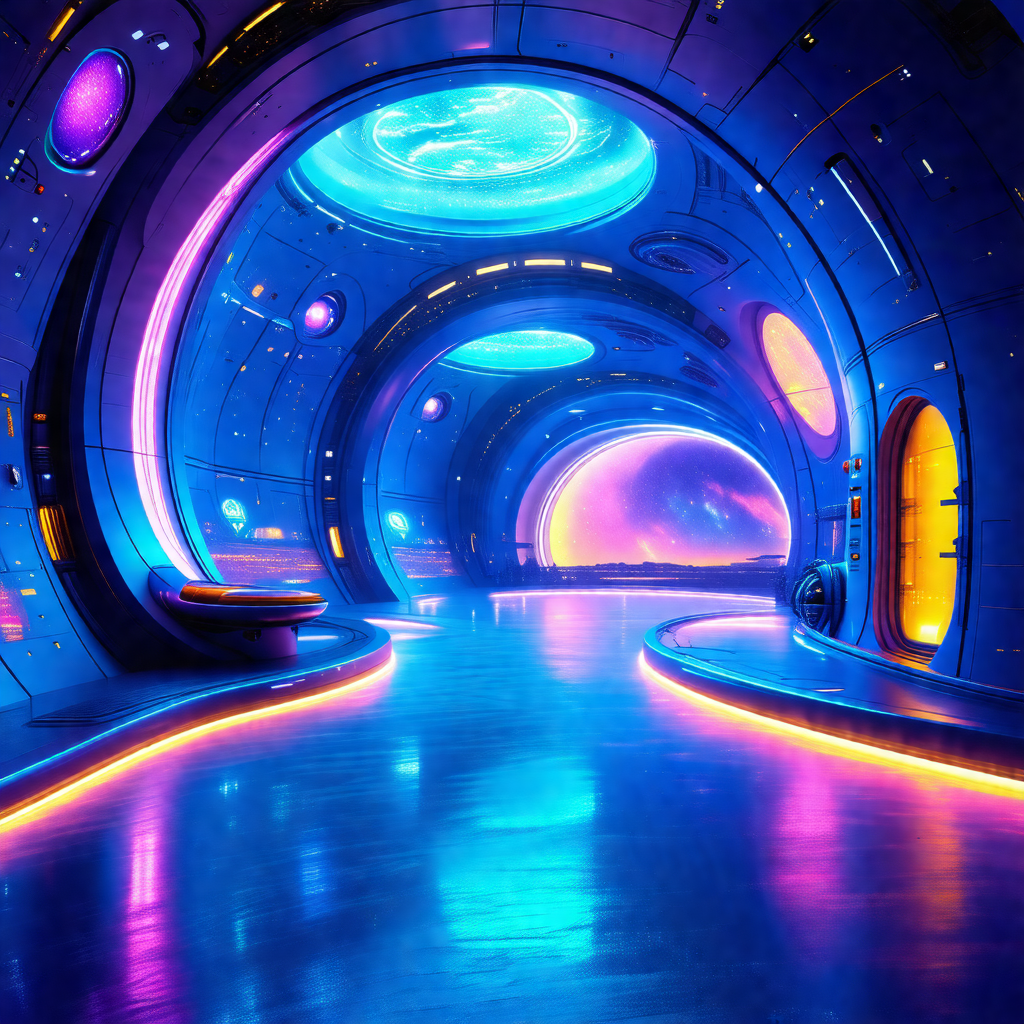 Futuristic space station with a long, curved hallway