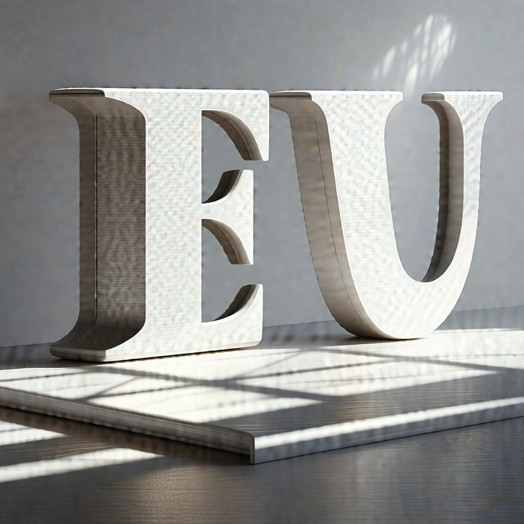 White letter "e" sitting on a table
