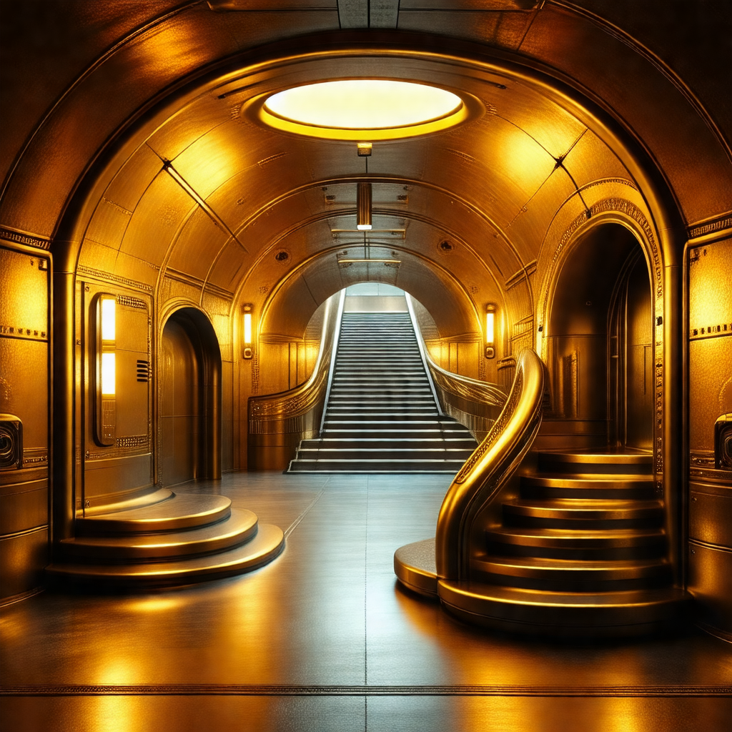 Large, shiny, and gold-colored staircase in a building