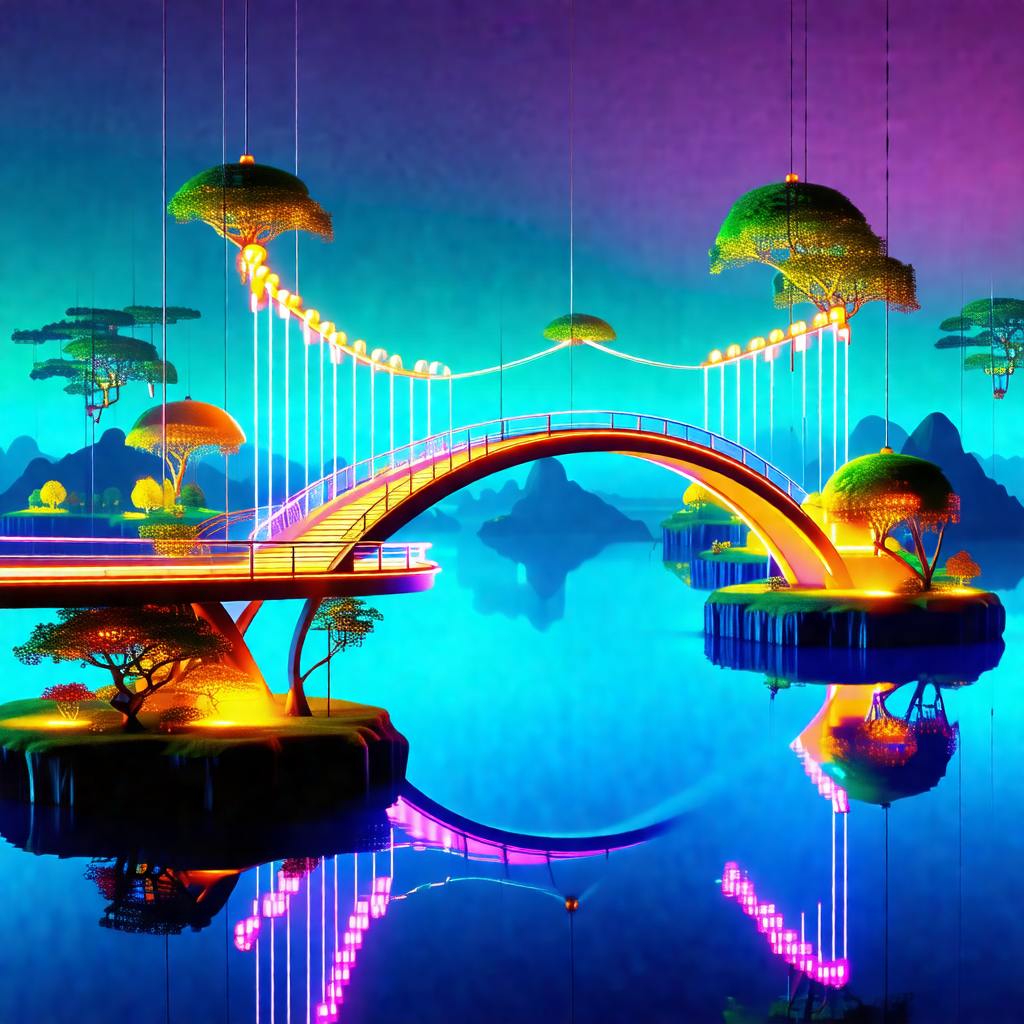 Colorful and vibrant painting of a bridge over a body of ...