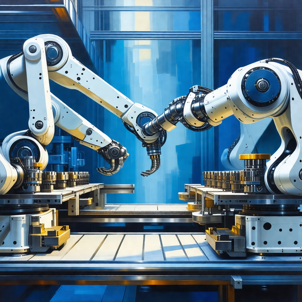 Factory setting with a large number of robots working tog...