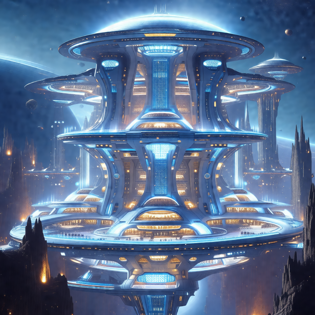 Futuristic city with a large, blue, and white building in...