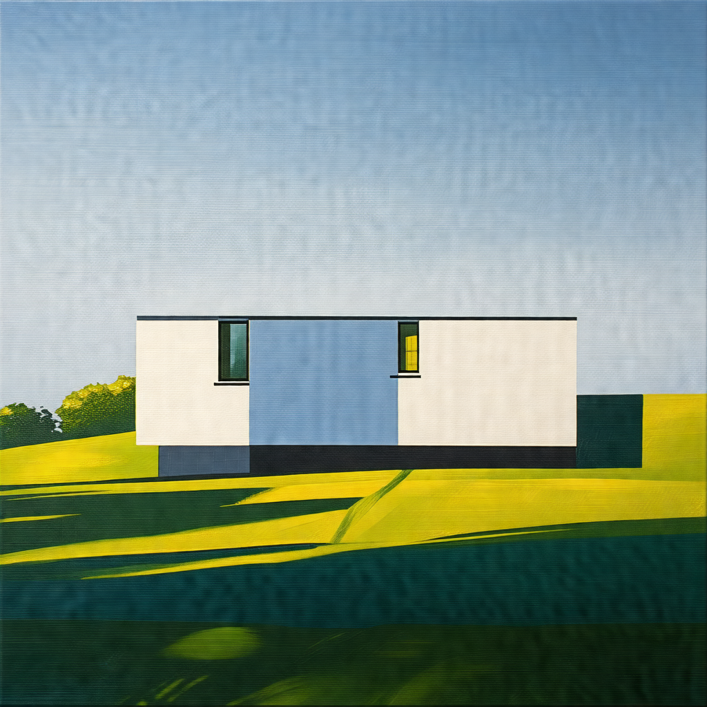 Large, modern-looking house situated on a grassy hill