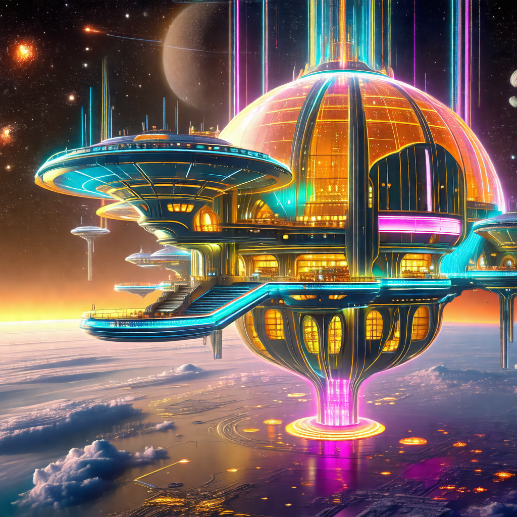Futuristic city with a large, colorful building that rese...