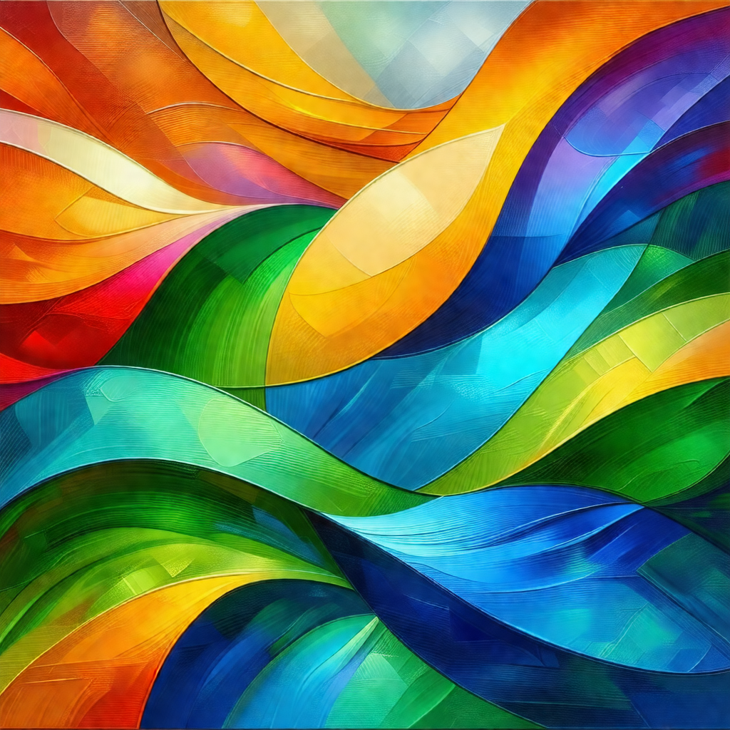 Colorful painting of a flowing river, featuring a variety...