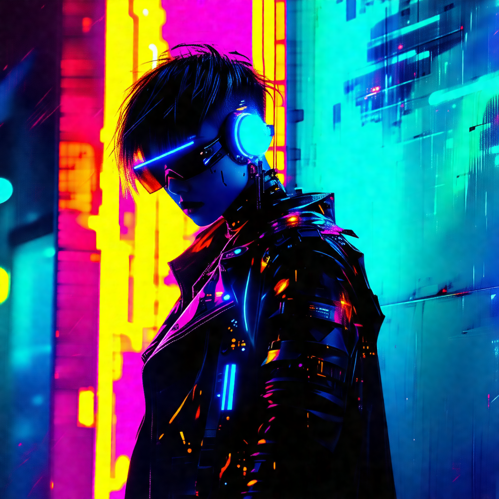 Person wearing a futuristic outfit, including a black jac...