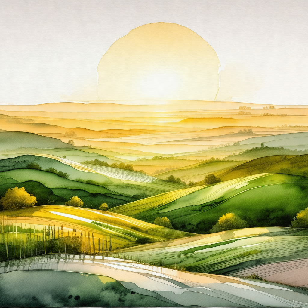 Beautifully drawn landscape featuring a lush green hillsi...