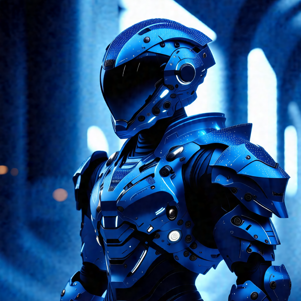 Futuristic robot with a blue helmet, standing in a dark room