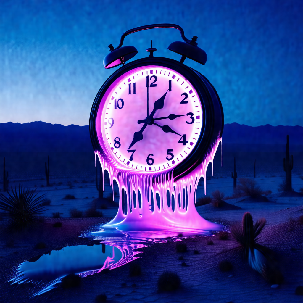 Large, purple clock with a pinkish glow, sitting on a dir...