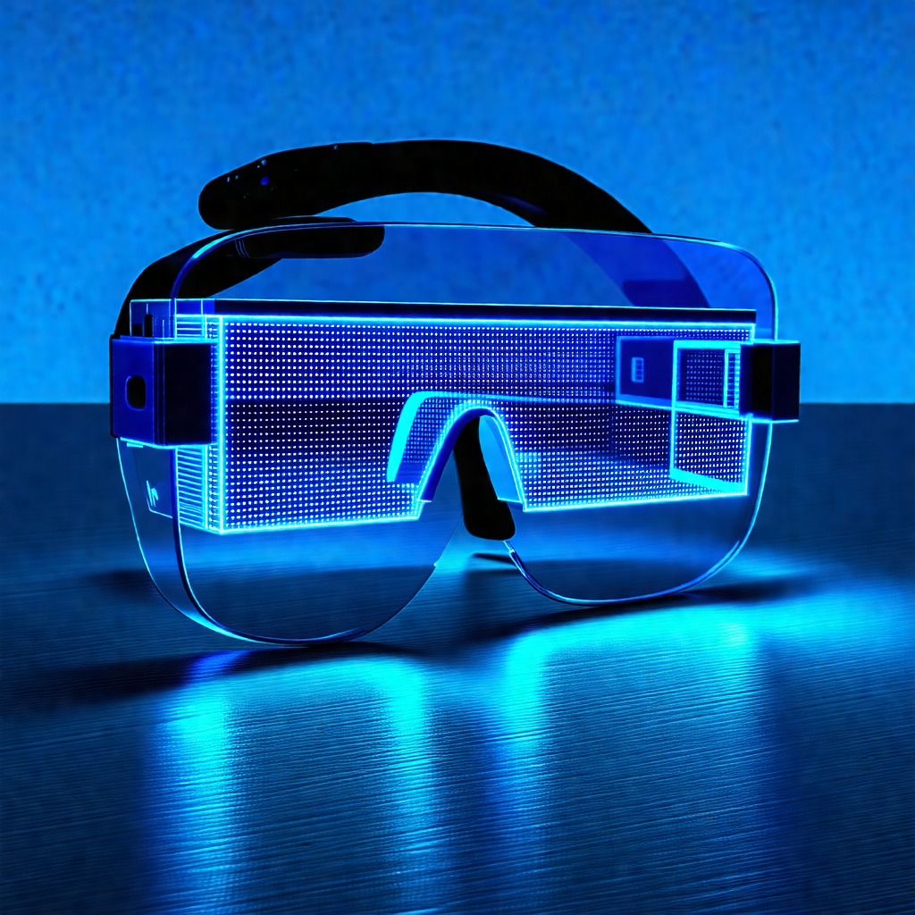 Pair of futuristic-looking glasses with a blue glow