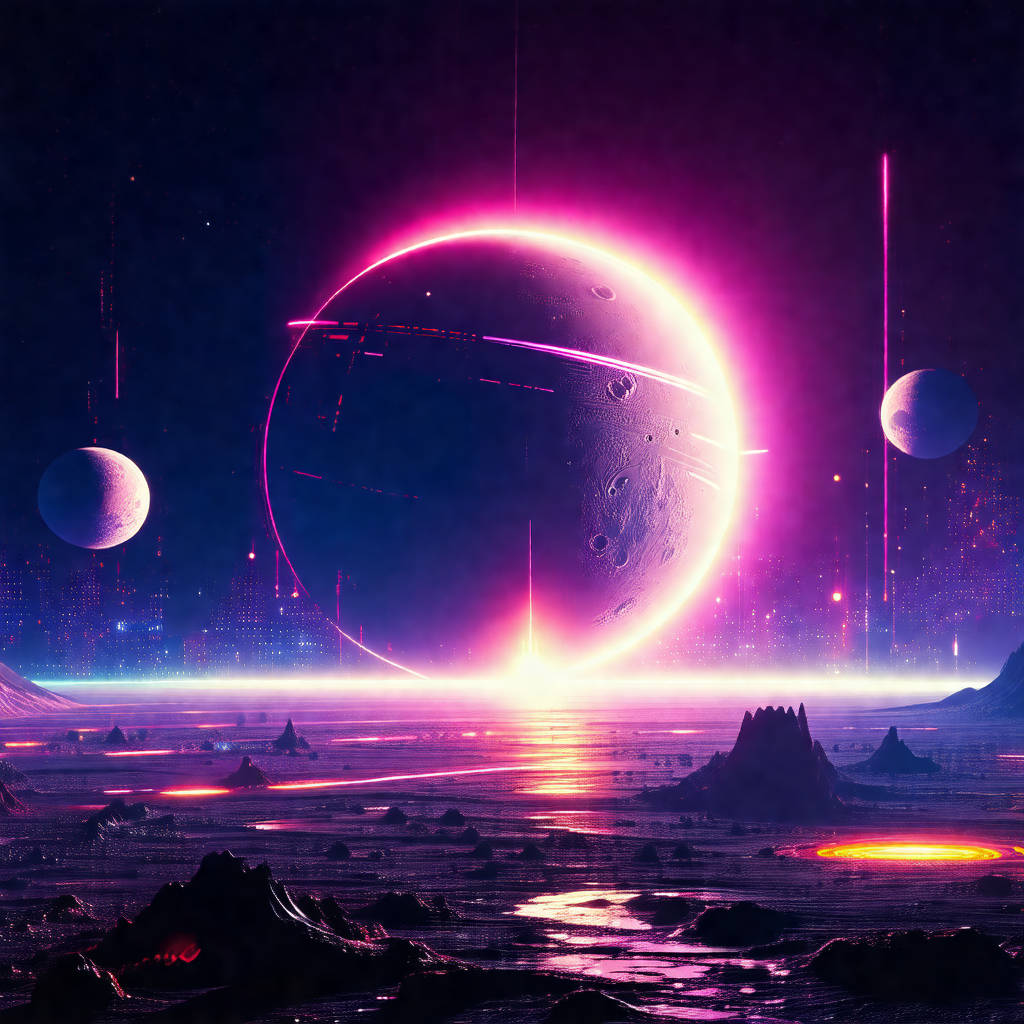Futuristic cityscape with a large, pink, glowing planet i...