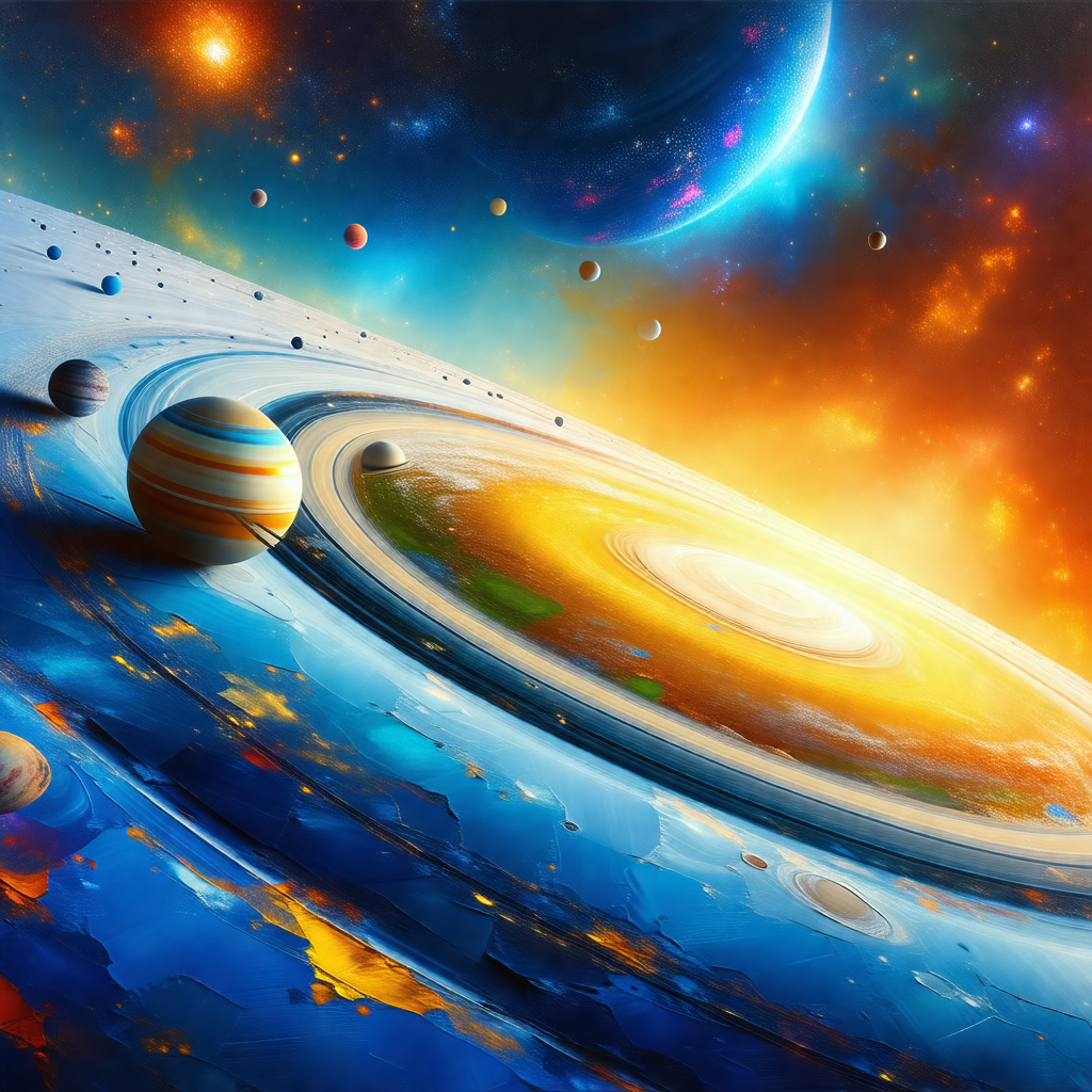 Colorful painting of a planet with a ring around it