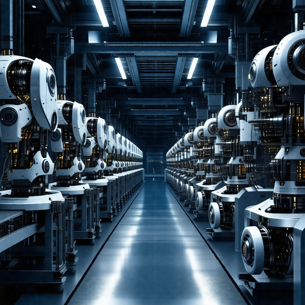 Large factory with rows of machines lined up along the walls