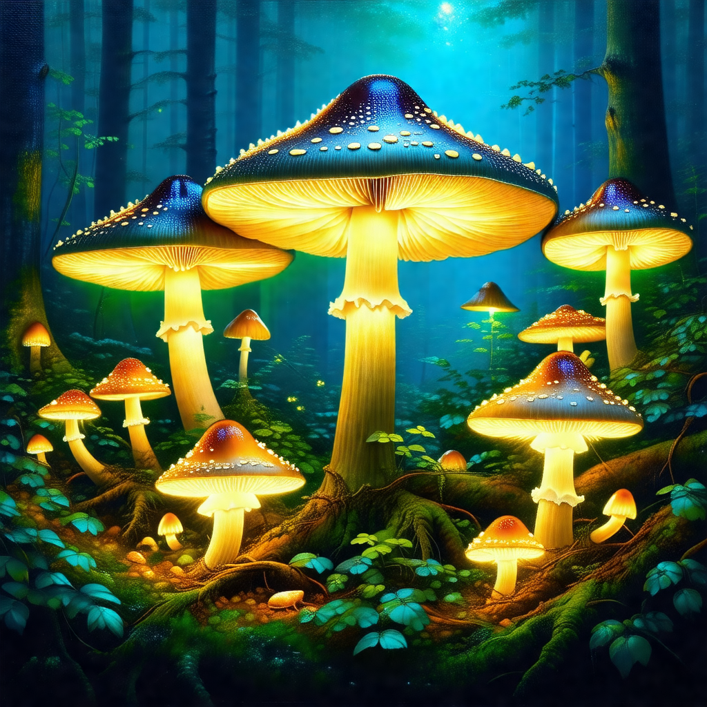Forest filled with a variety of mushrooms, some of which ...