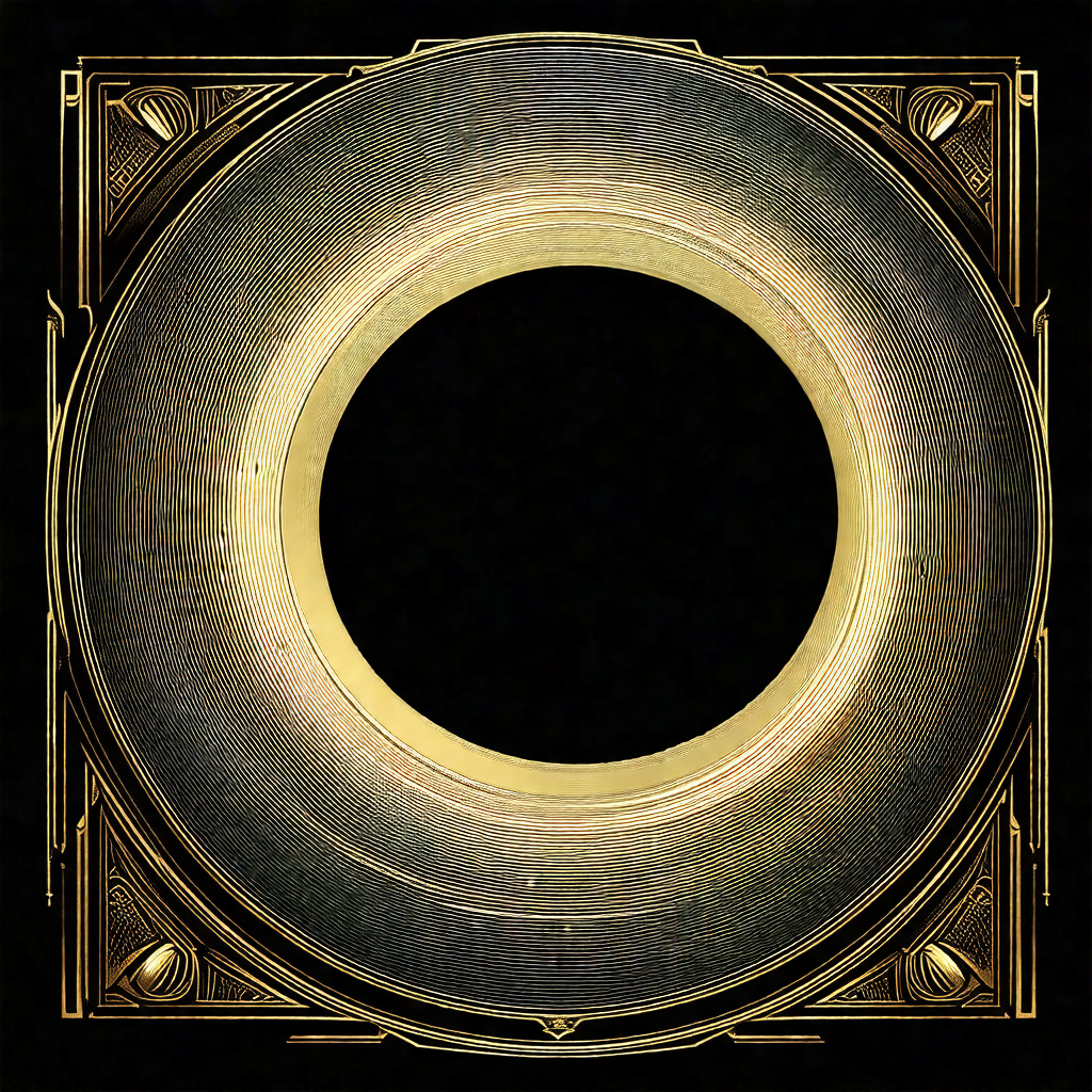 Large, round, gold circle with a black hole in the center