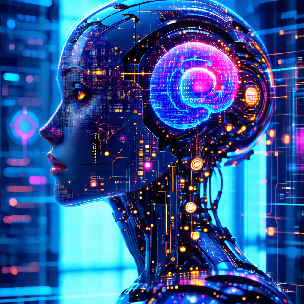 Futuristic robot with a human-like face, including a nose...