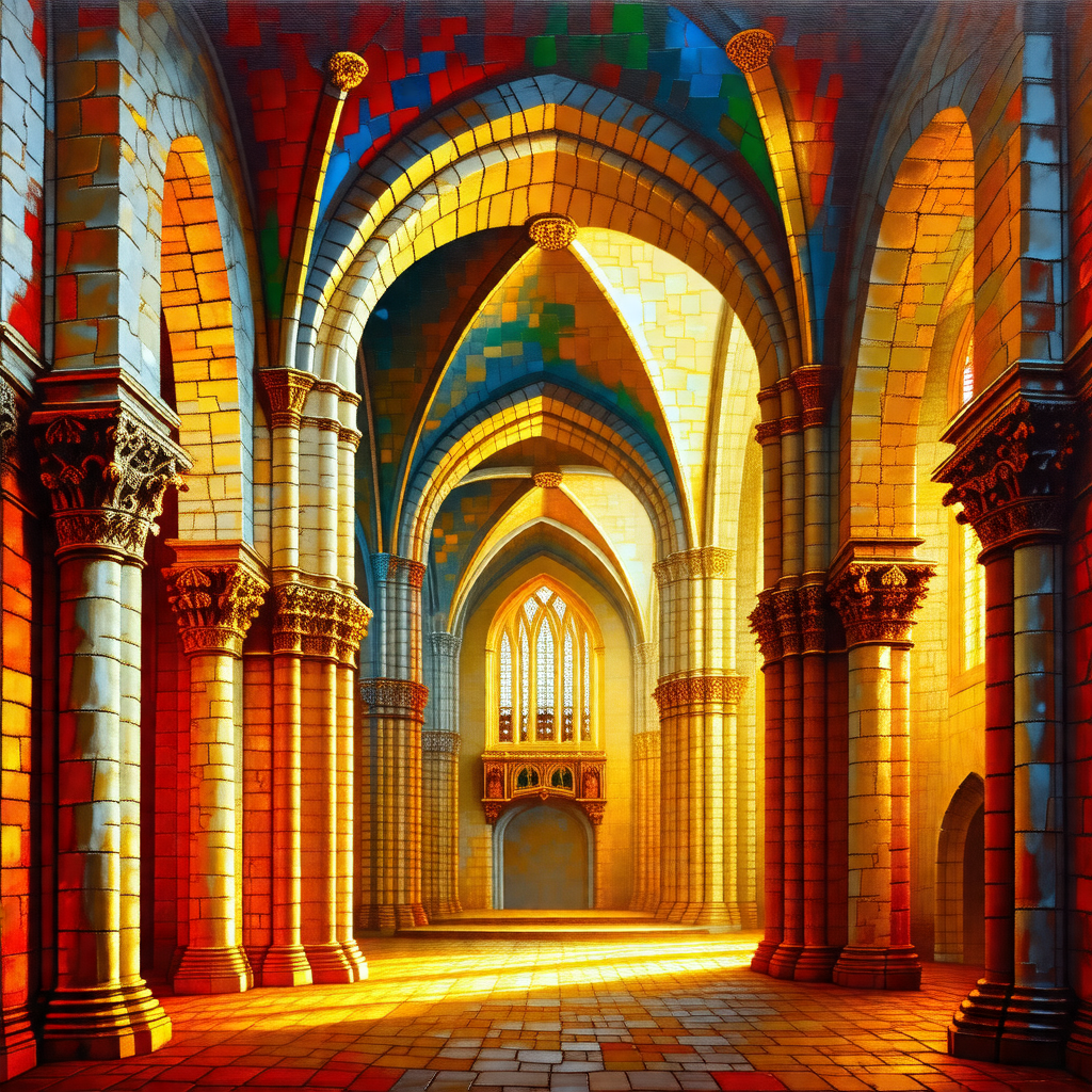 Painting of a large cathedral with a brightly lit interior