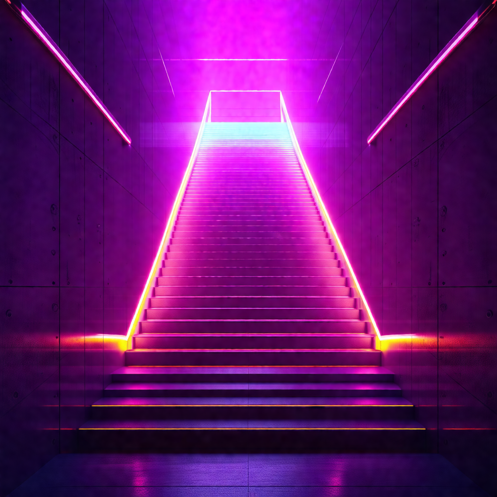 Staircase with a purple glow, giving it a futuristic appe...