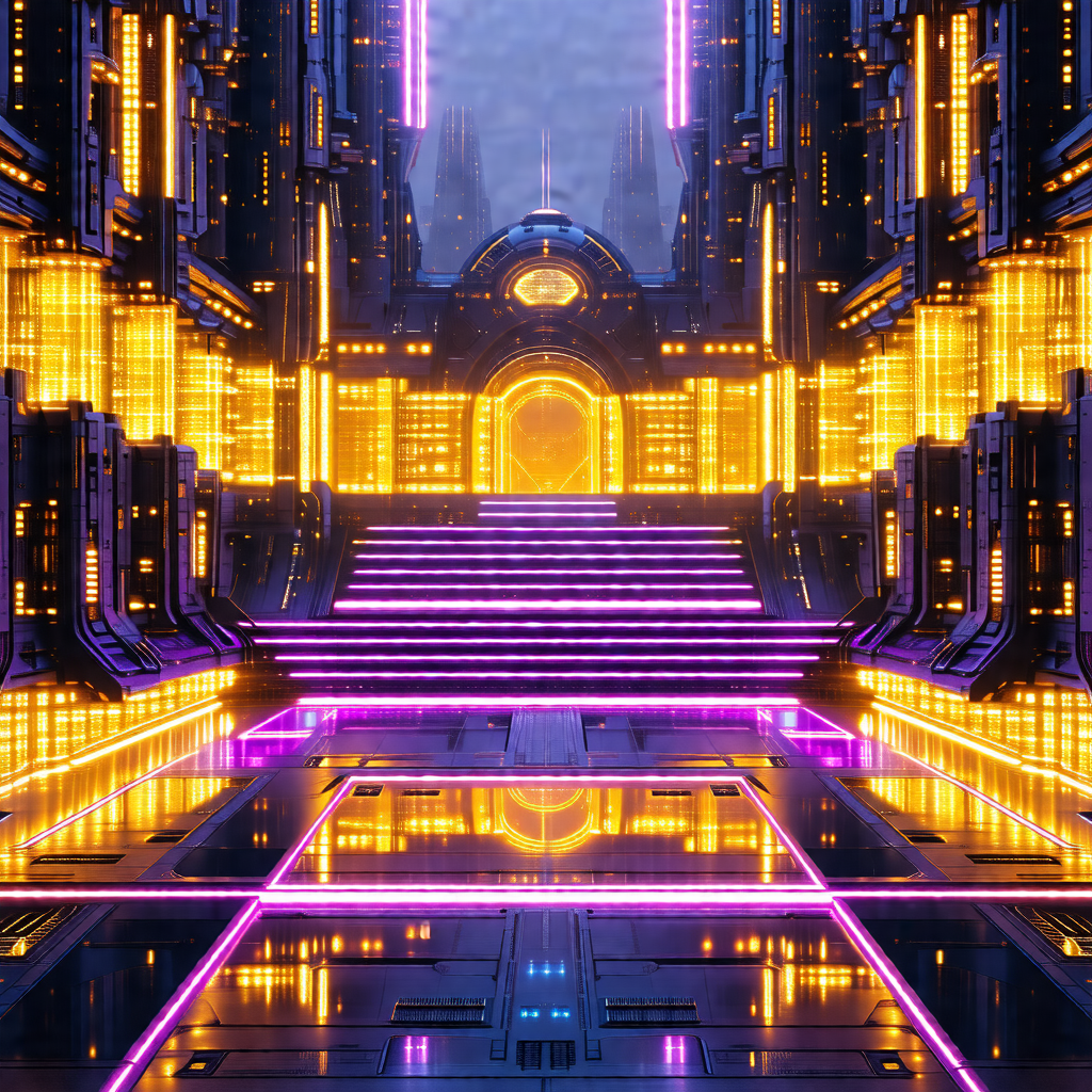 Futuristic cityscape with a large, multi-level building a...
