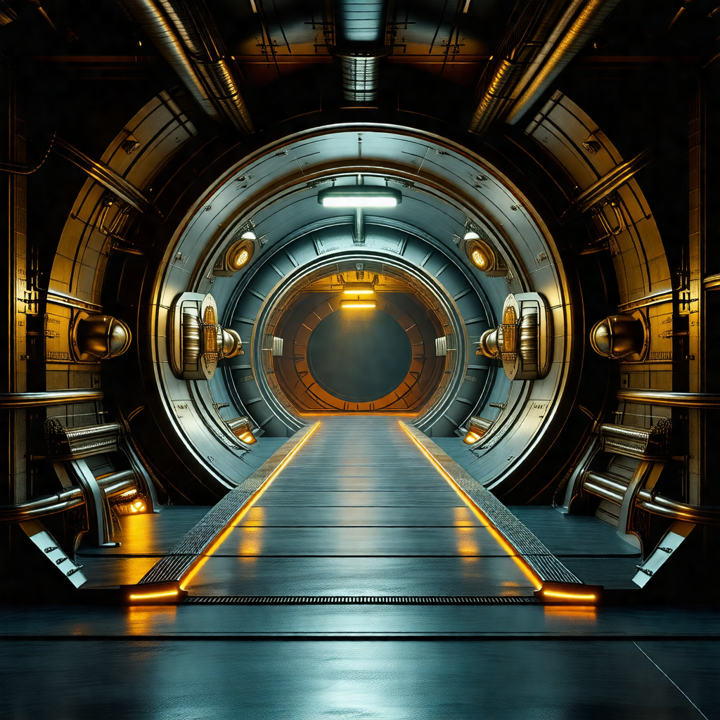 Futuristic space station with a large, open doorway leadi...