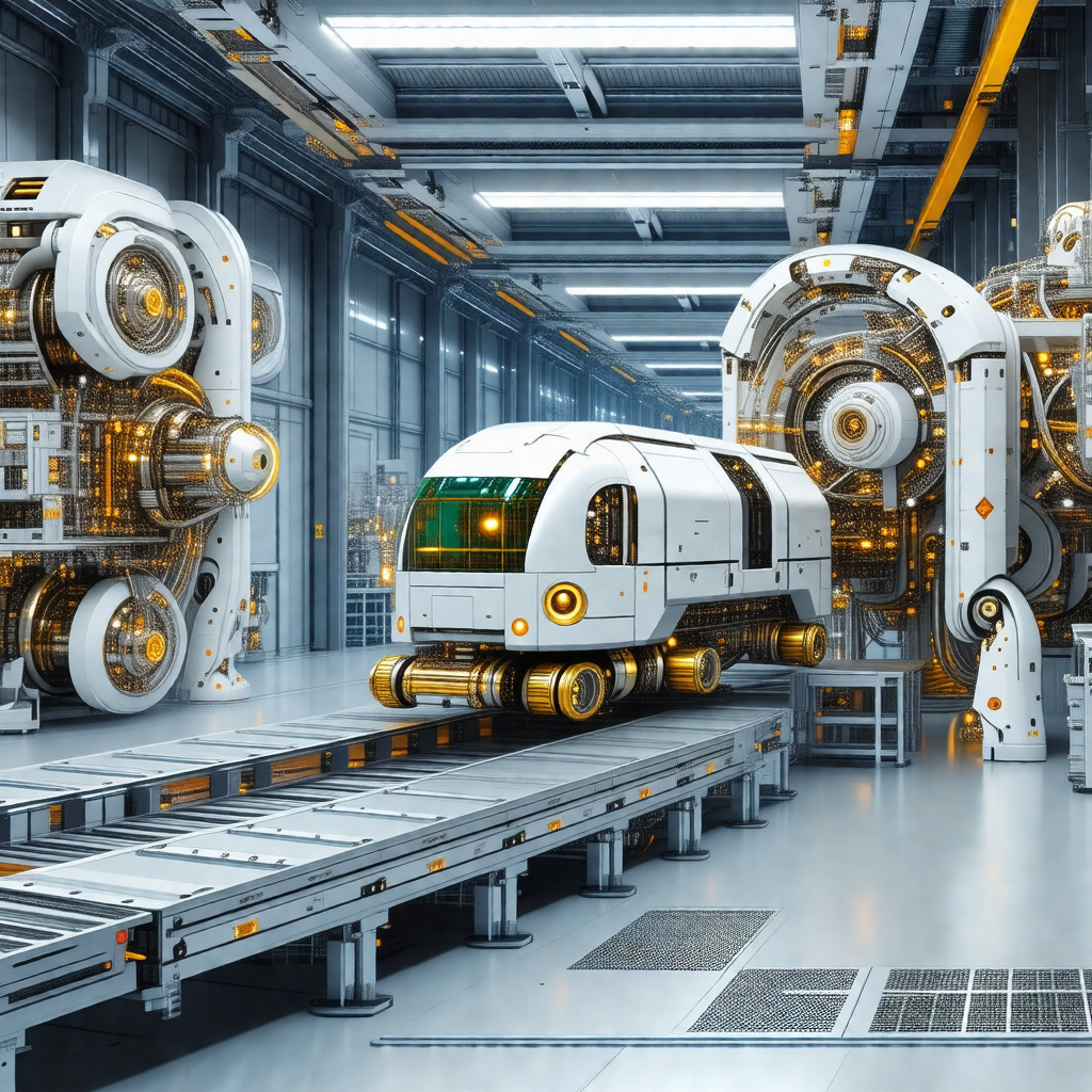 Futuristic factory with a train-like vehicle parked inside