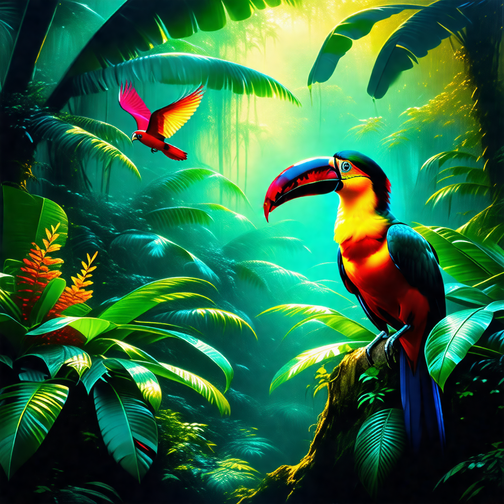 Lush green forest with a variety of tropical birds