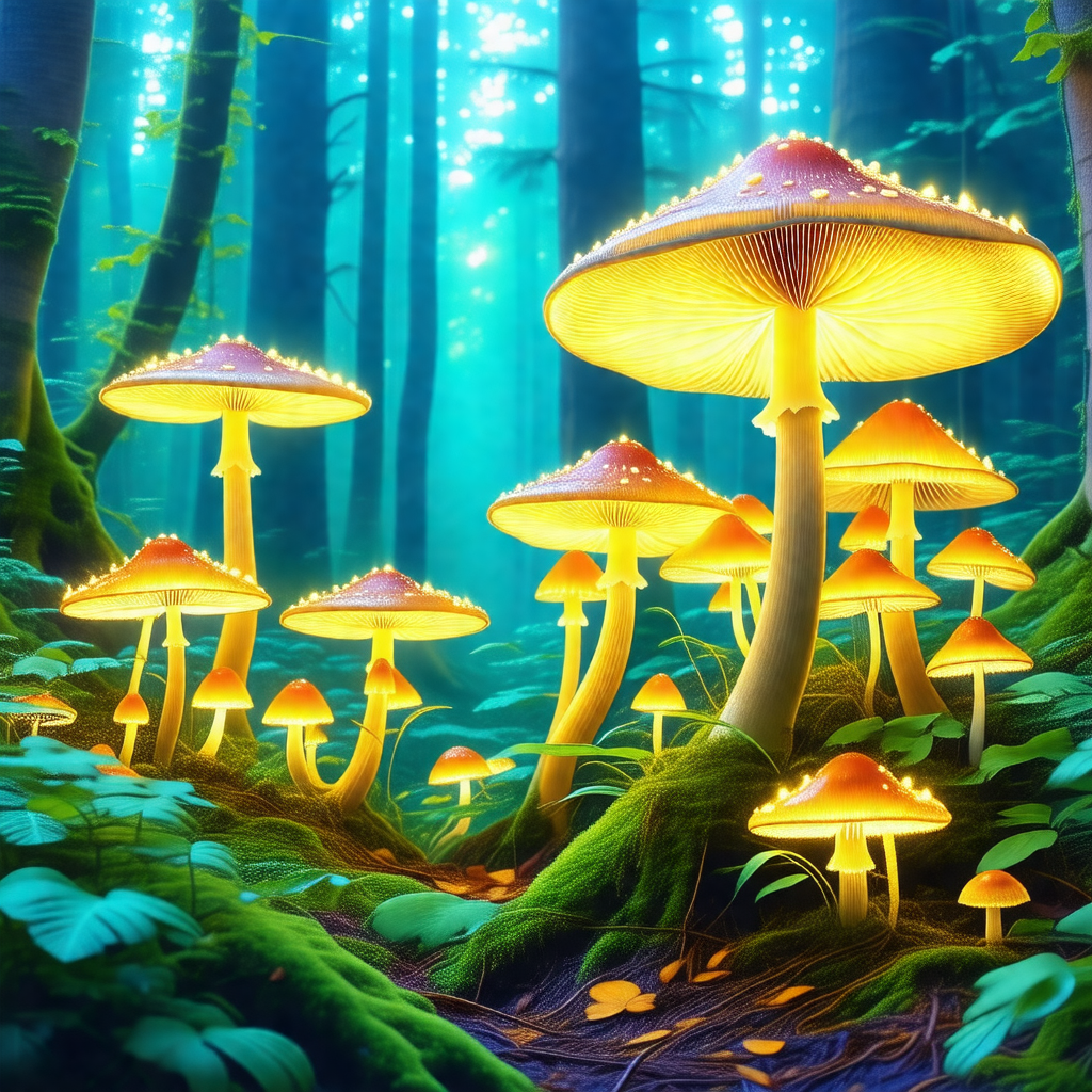 Forest filled with a variety of mushrooms