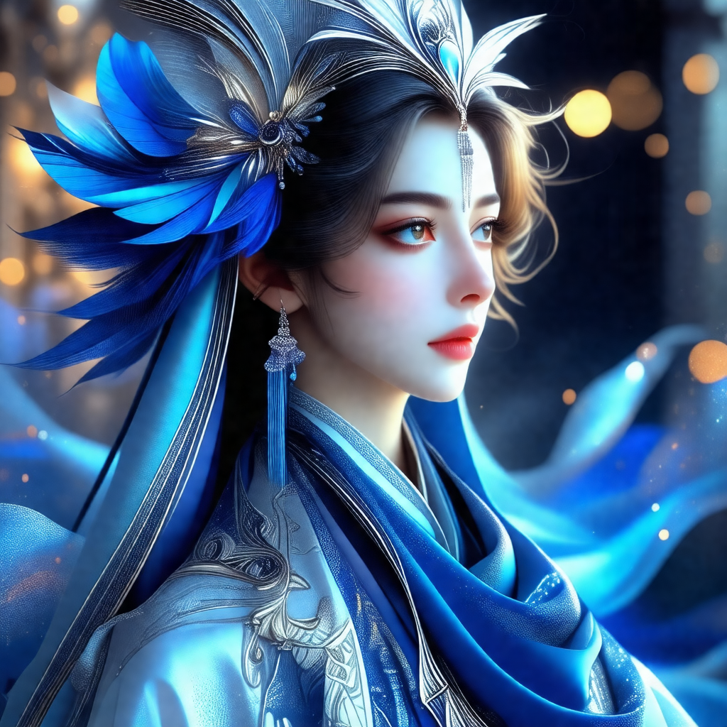 Woman wearing a blue and white dress, adorned with a blue...