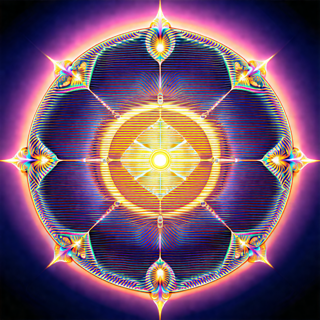 Brightly colored, geometric pattern that resembles a sun