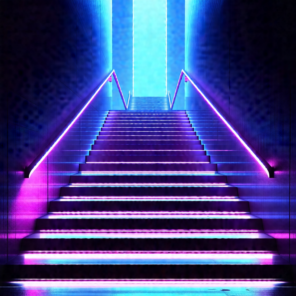 Staircase with a purple and blue light illuminating it