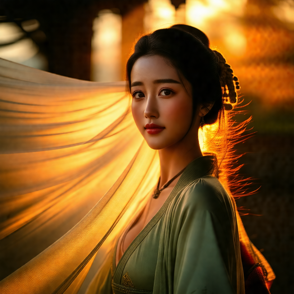 Beautiful young woman with long hair, standing in front o...