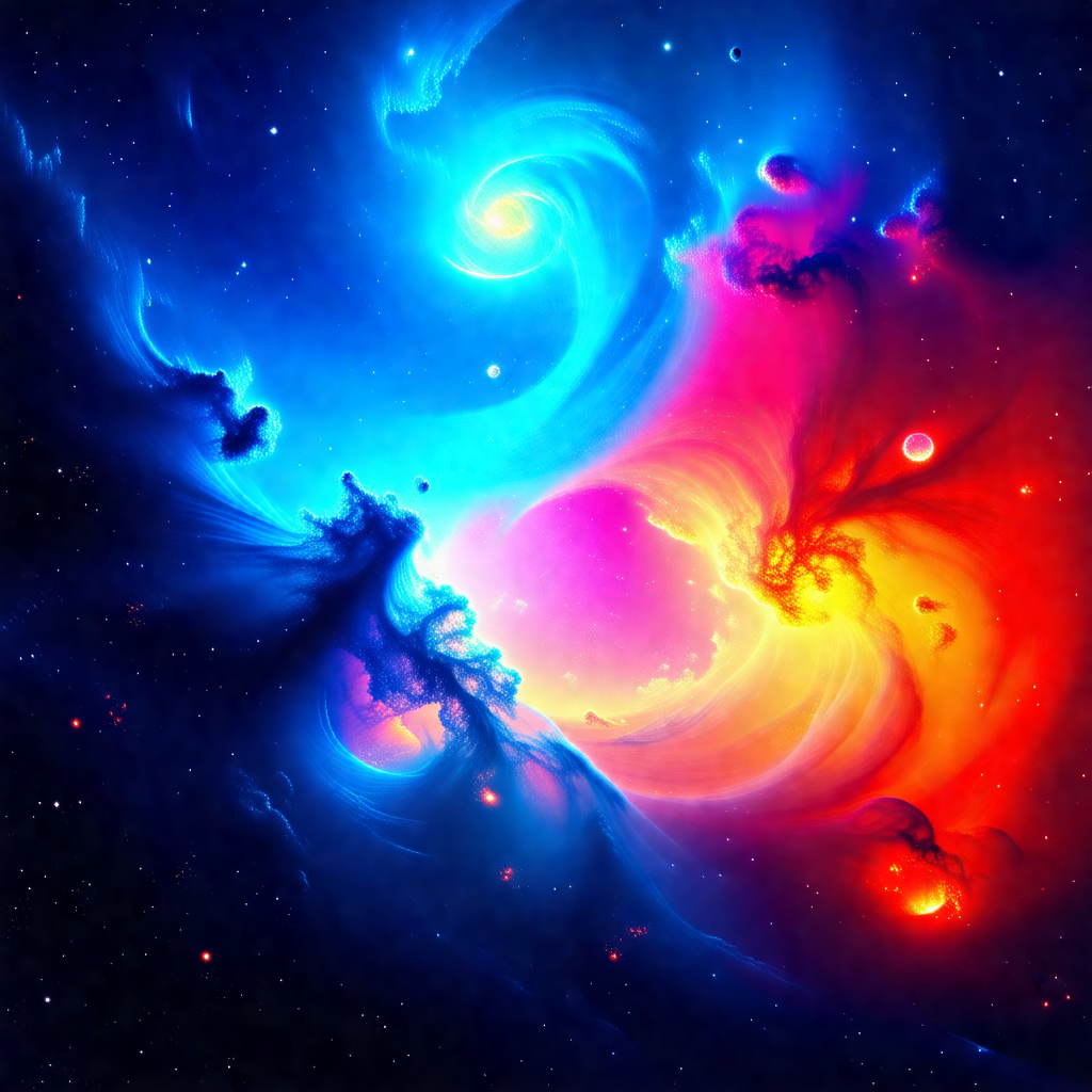 Vibrant and colorful nebula, with a mix of red, blue, and...