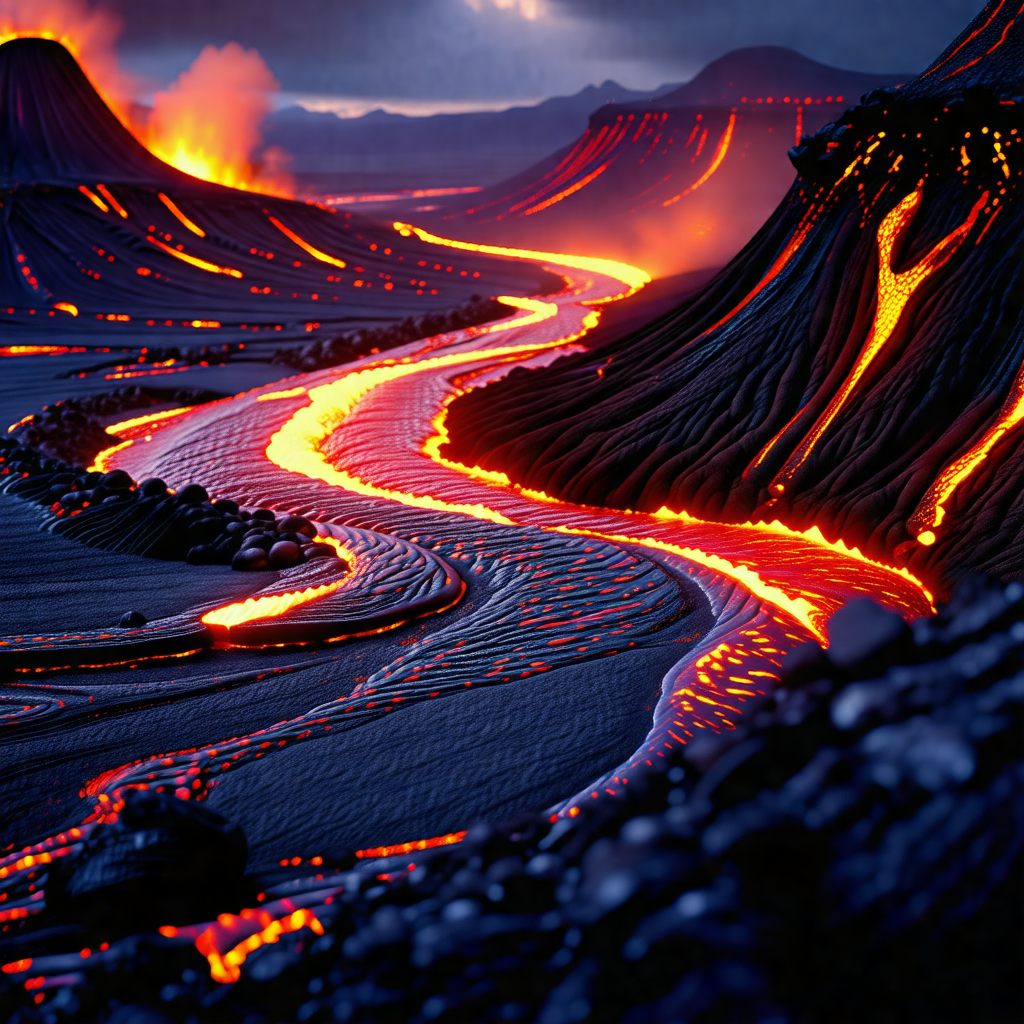 Volcanic landscape with a river of lava flowing through it