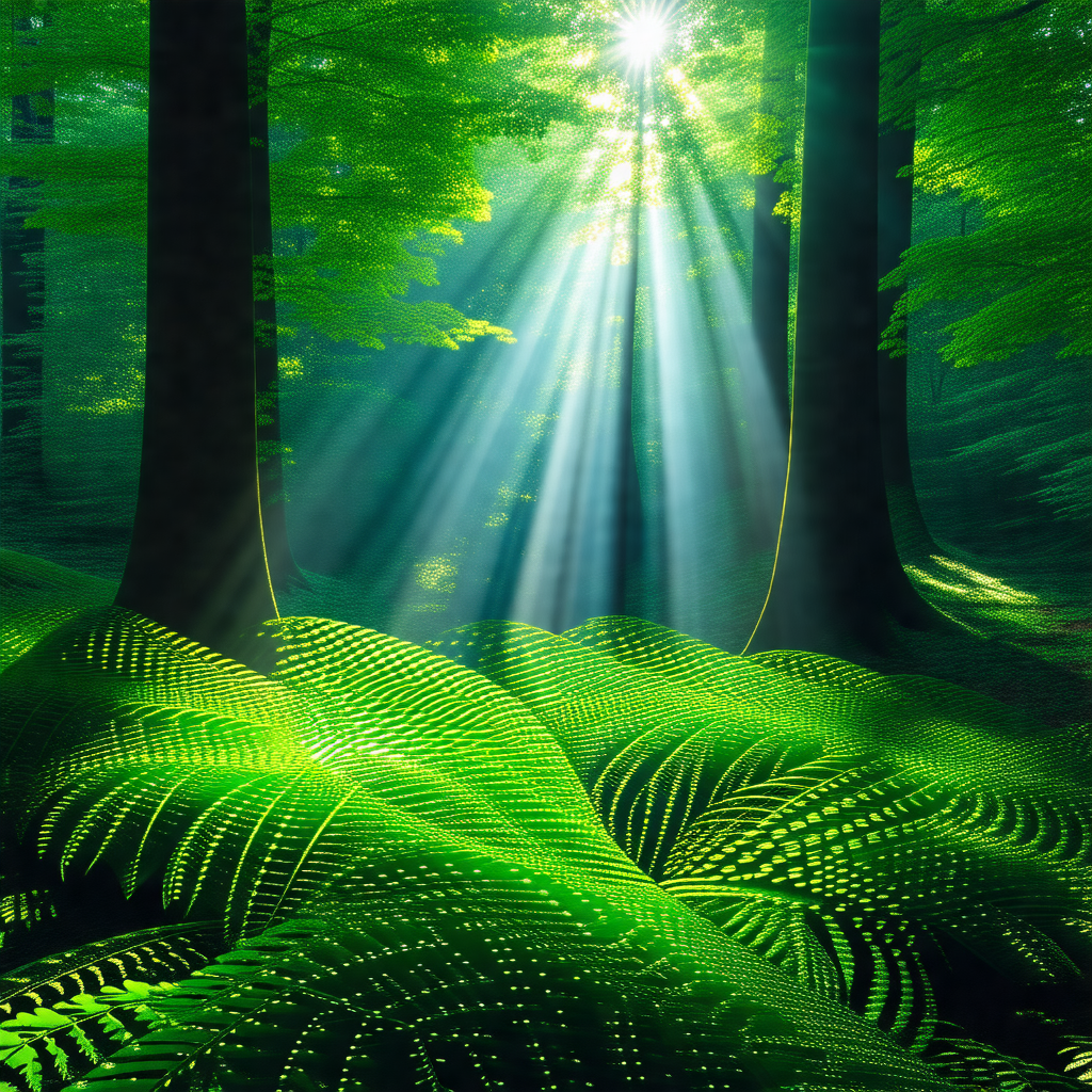 Lush green forest filled with trees and ferns