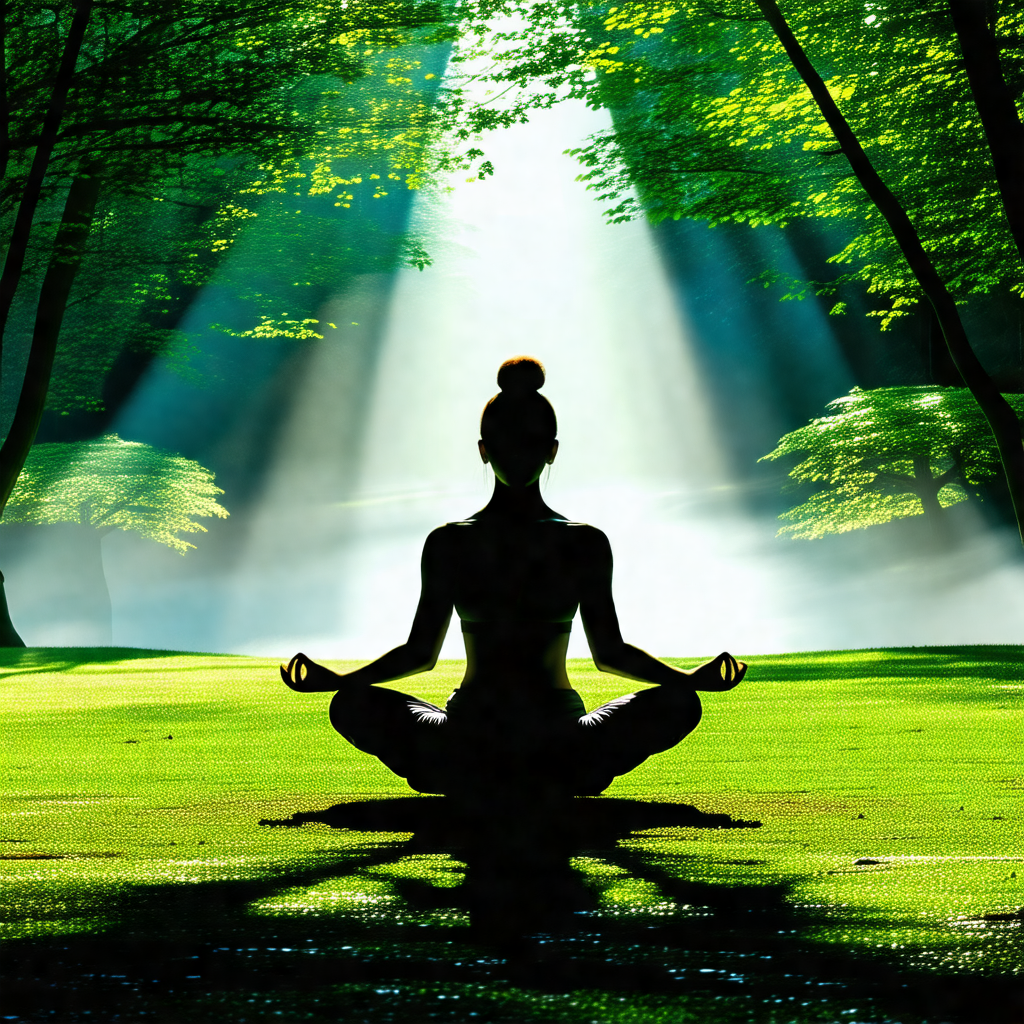 Woman sitting in a grassy field, surrounded by trees