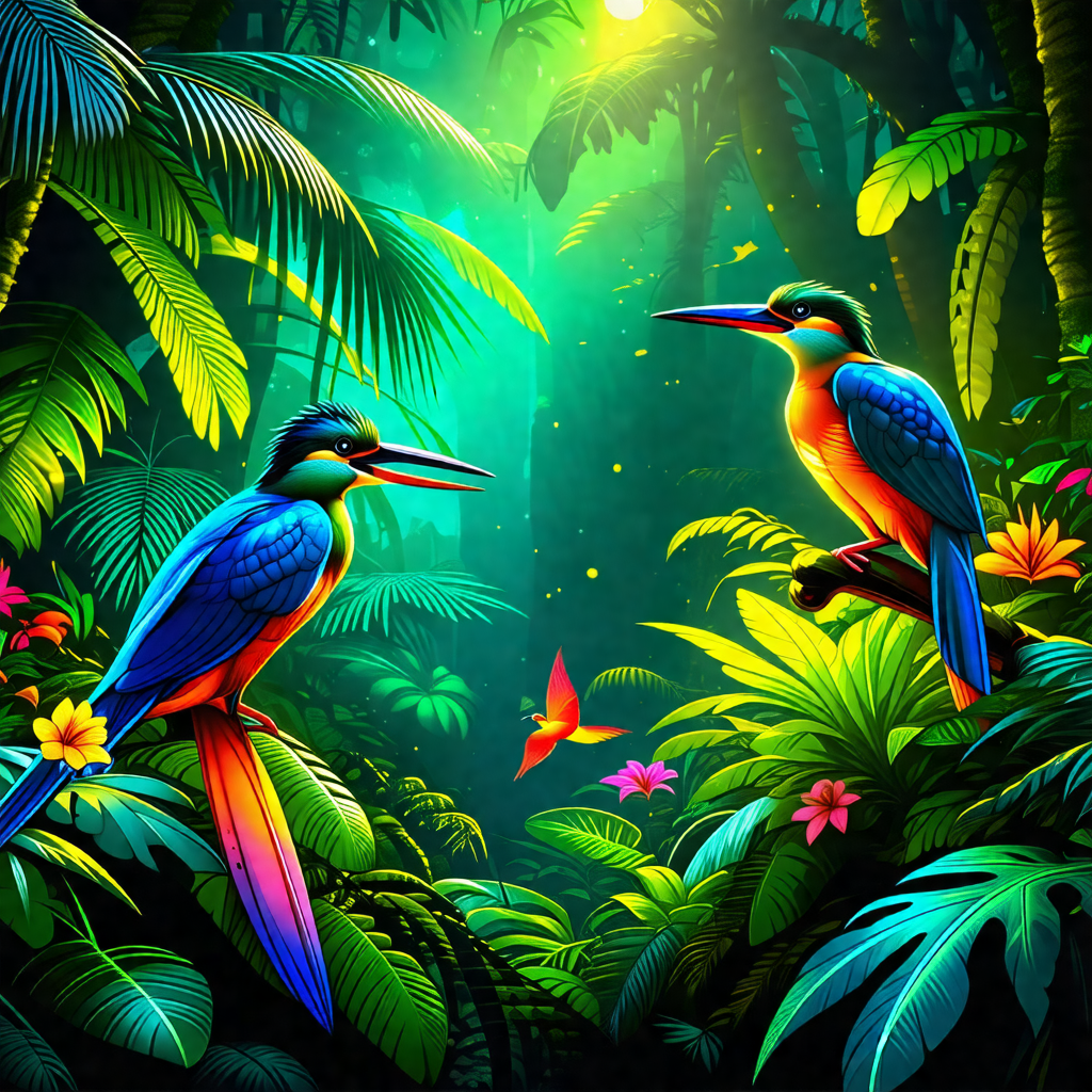 Two colorful birds perched on branches in a lush, tropica...