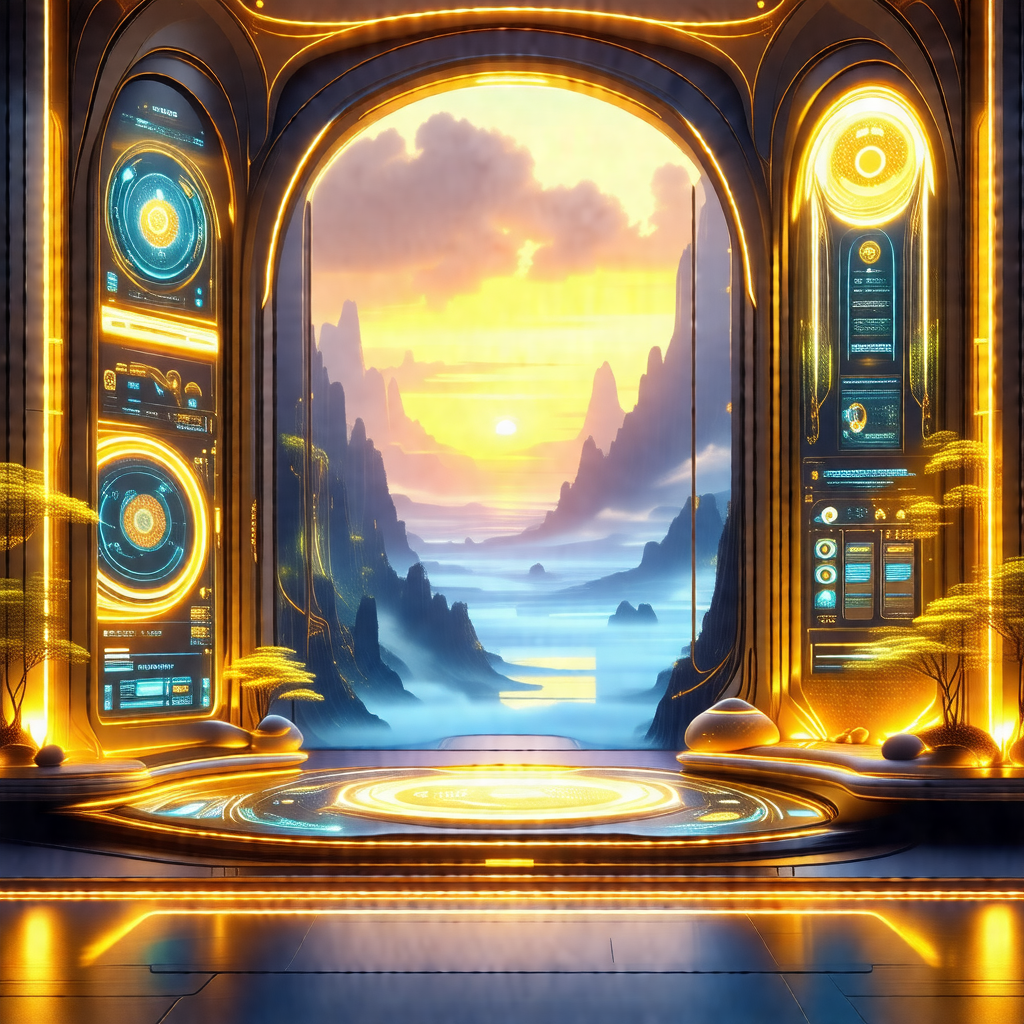 Digital painting of a futuristic cityscape with a large, ...