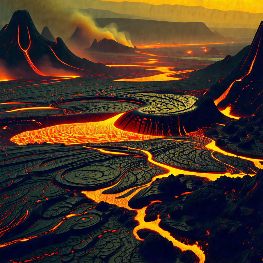Volcanic landscape with a river of lava flowing through it