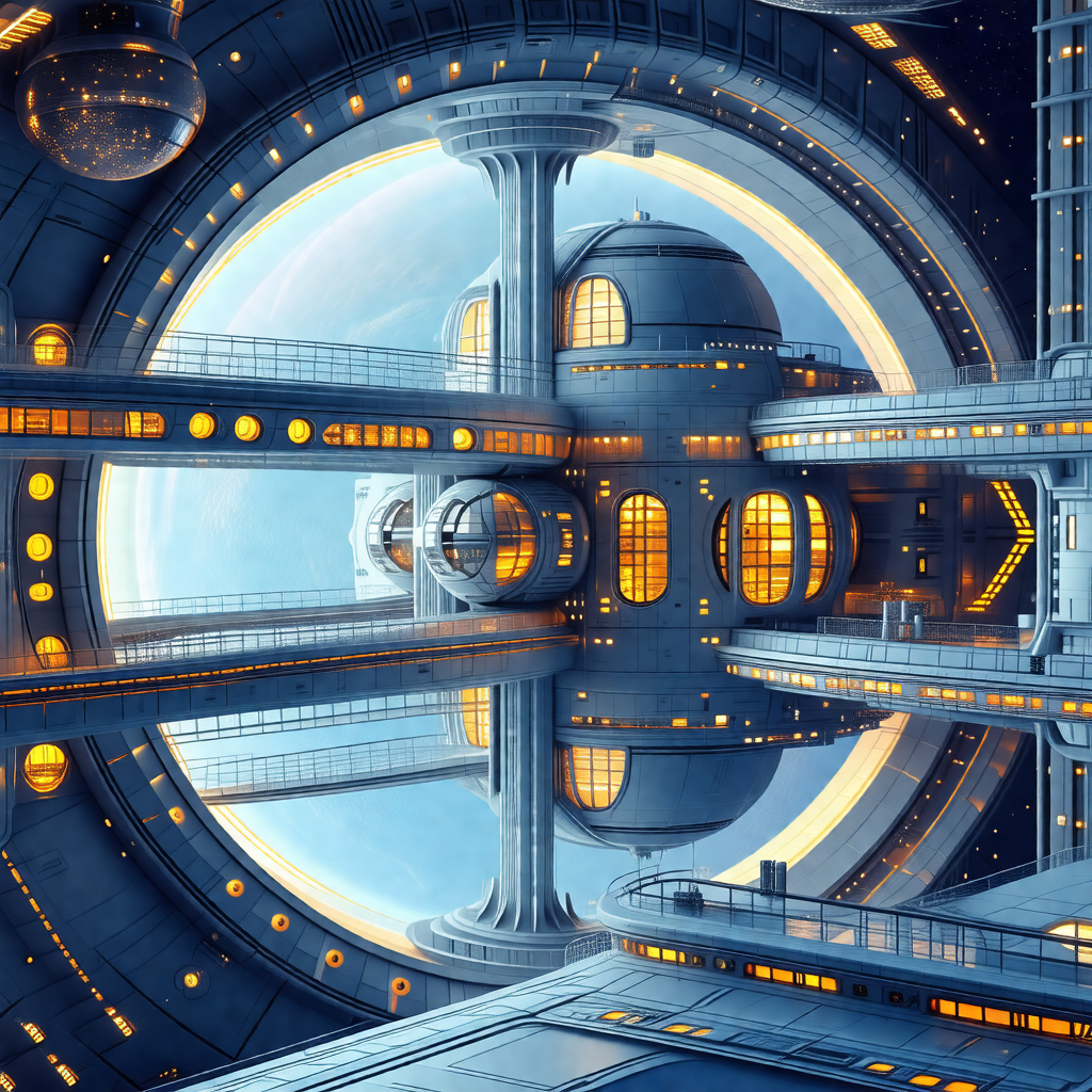 In this futuristic scene, a large, round building is the ...